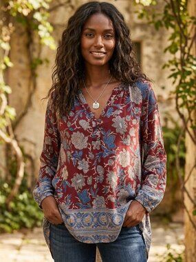 Lucky Brand Women's Large Hi Lo Long Sleeve Blouse Shirt Paisley Button Up Boho
